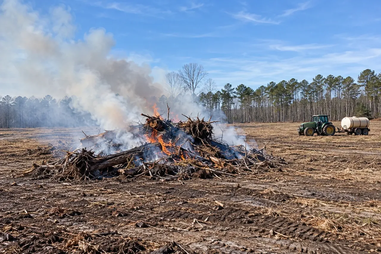Burning pile of stumps and brush in a large cleared field, with a green tractor and water tank trailer parked to one side and pine woods behind