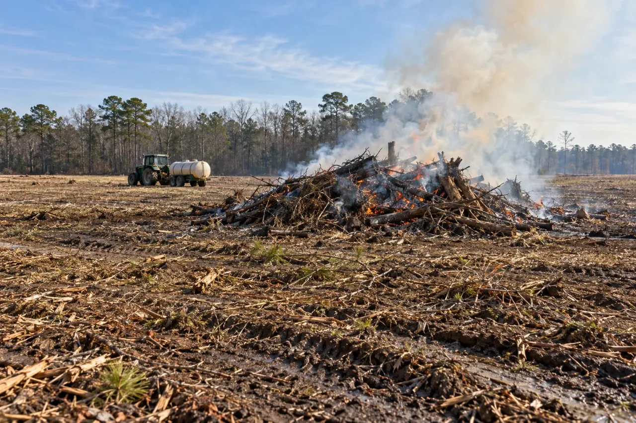 Burning pile of logs and brush on a cleared tract, with a tractor and water tank trailer parked well back and woods behind