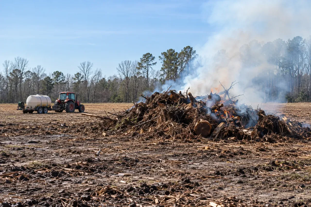 Burning pile of stumps and brush in a large cleared field, with a tractor and water tank trailer parked to one side