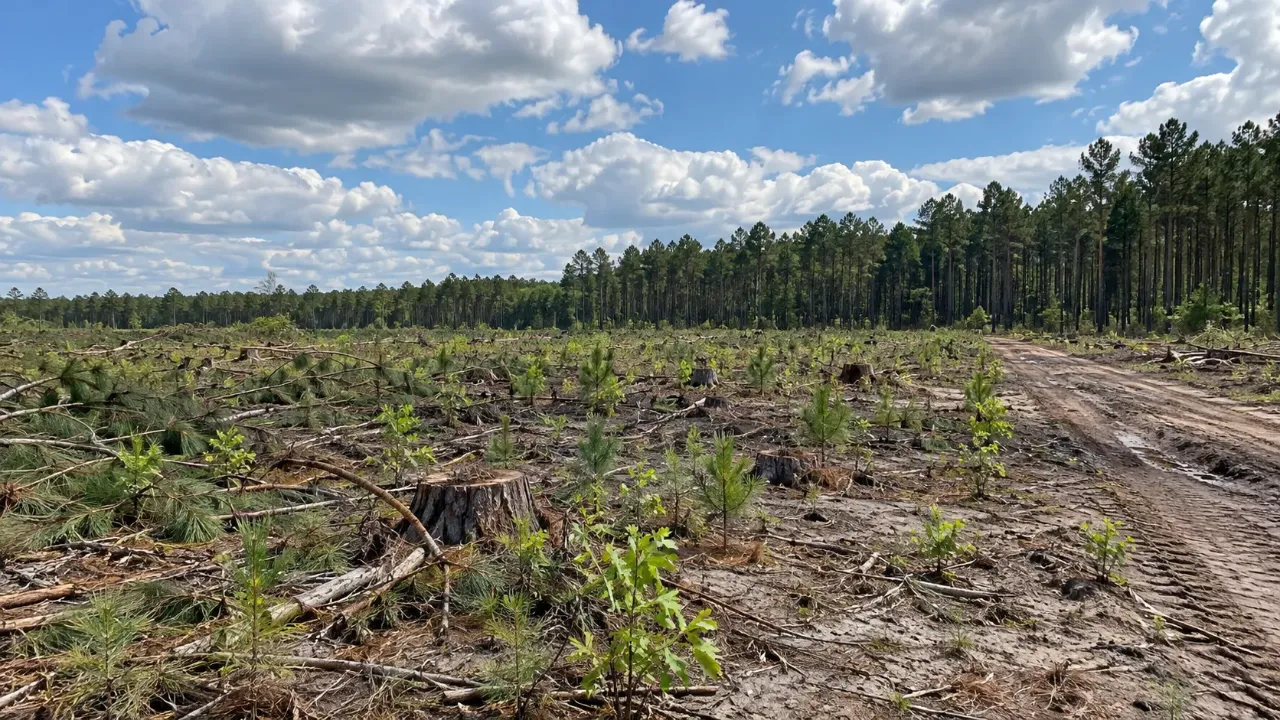 Recently logged flat tract with low stumps, scattered pine tops, and young pines and hardwood sprouts coming up beside a dirt logging road