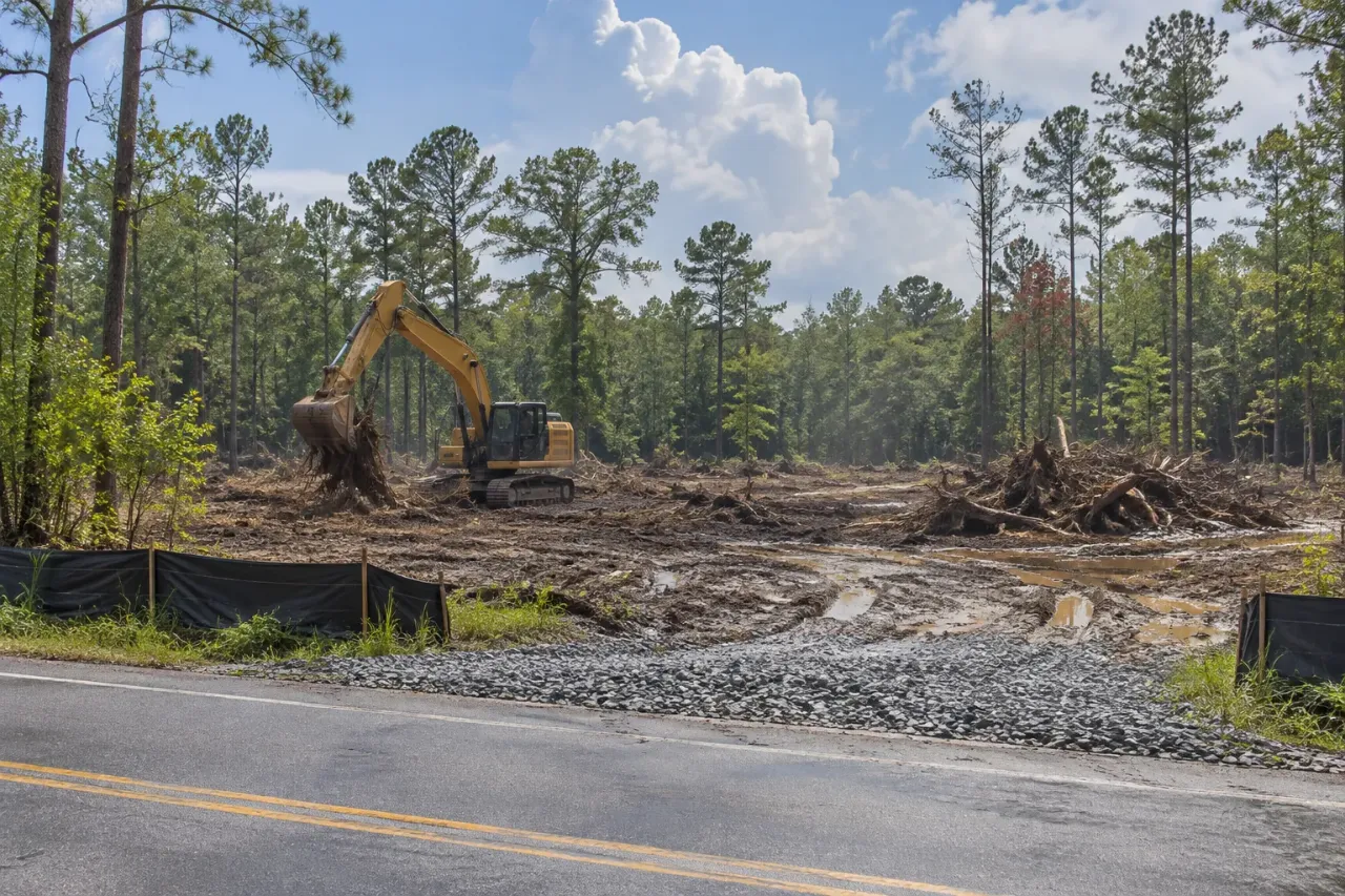 Excavator lifting a stump and its roots on a flat, muddy wooded lot, with black silt fence and a stone construction entrance at the road