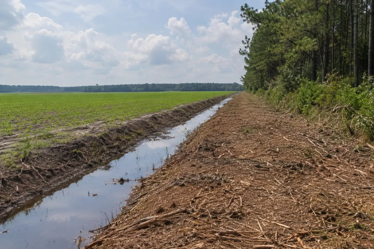 Freshly mulched strip along a straight farm drainage ditch, with a green field on one side and pine woods on the other