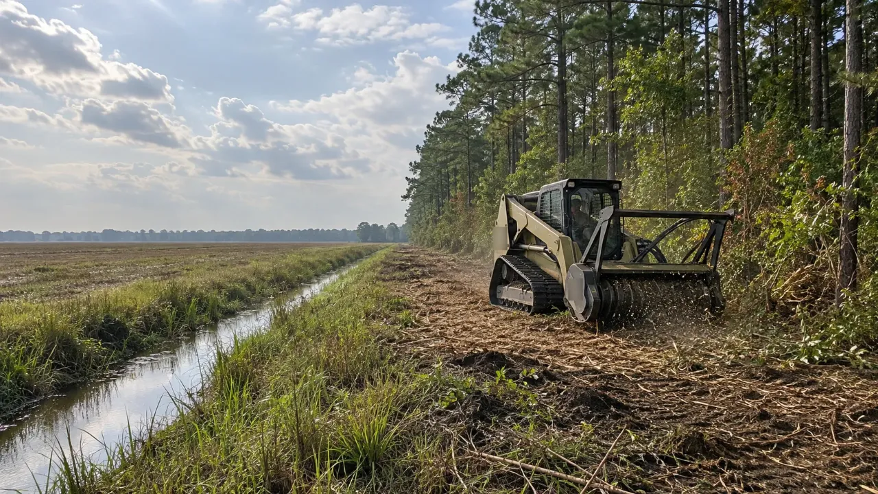 Compact track loader with a forestry mulching head clearing brush along a pine woods edge beside a field drainage ditch, with a flat field stretching to the horizon