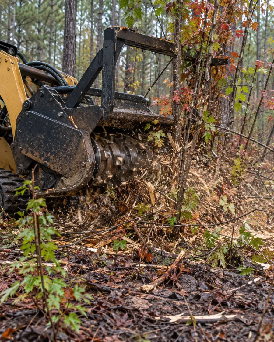 Forestry mulching drum chewing through young hardwood saplings in pine woods, with chips flying