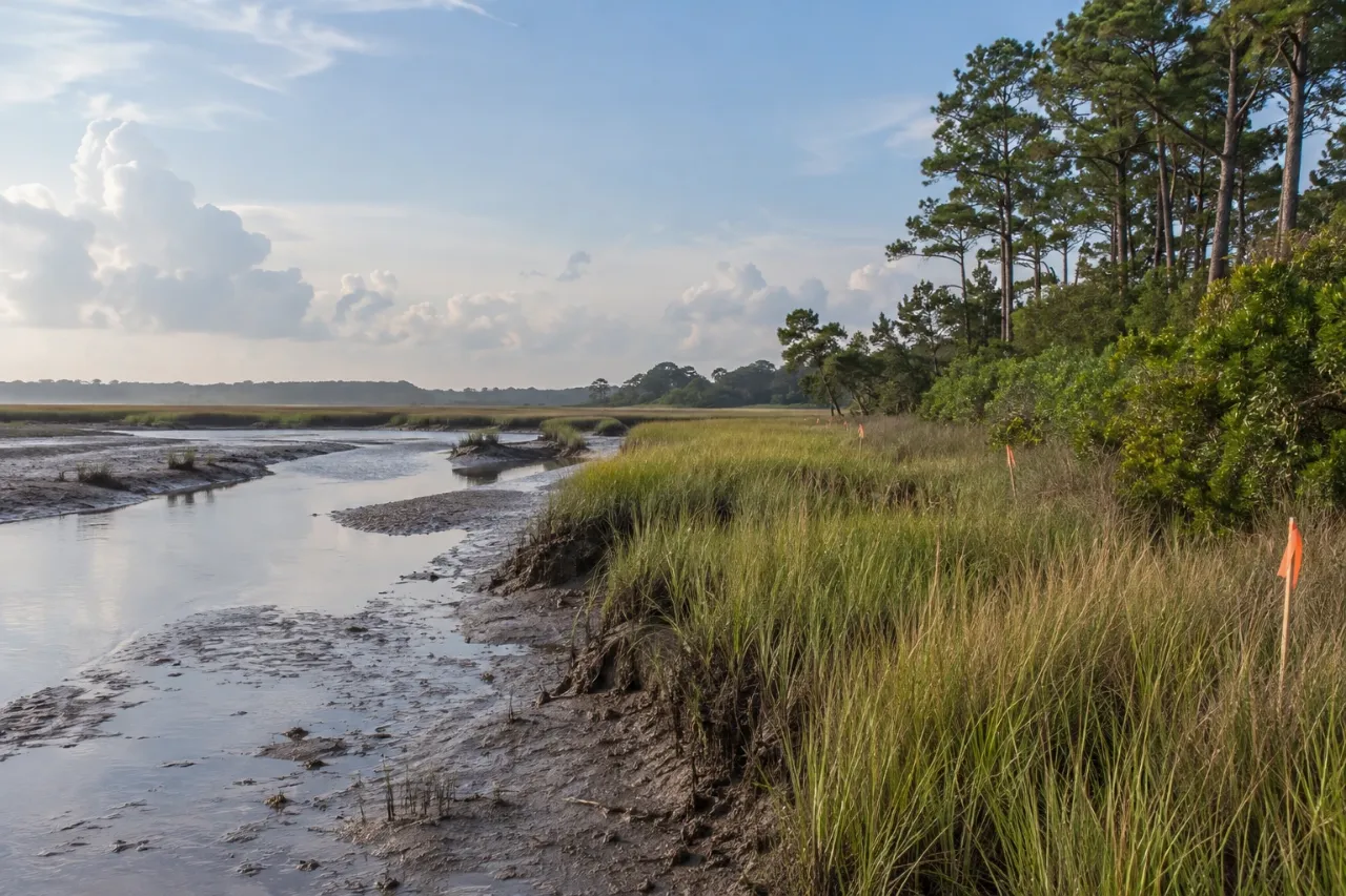 Salt marsh along a tidal creek at low tide, with orange-flagged stakes along the edge of the marsh grass and pines on the higher ground
