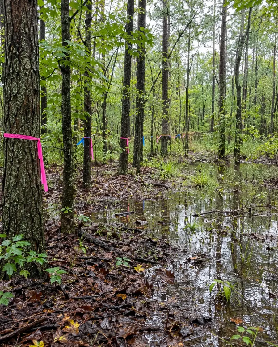 Shallow standing water in flat woods after rain, with pink and blue flagging tape tied to a line of trees
