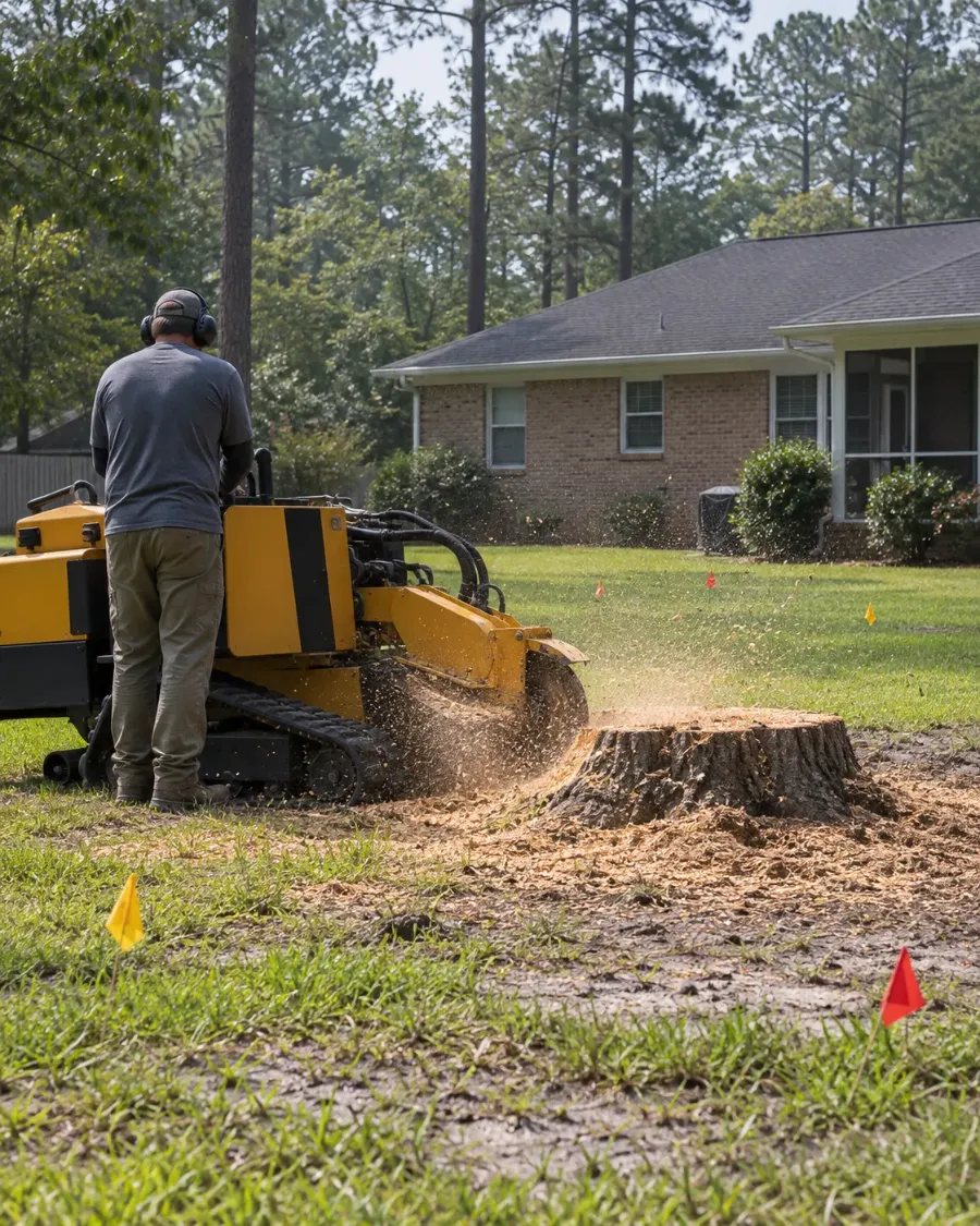 Person running a stump grinder on a large stump behind a brick ranch house, with small red and yellow flags in the lawn