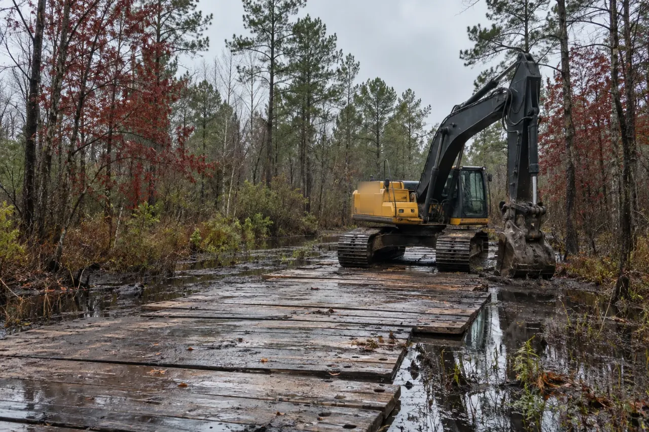 Excavator sitting on heavy timber mats laid across a soggy wooded lot, with standing water between the mats