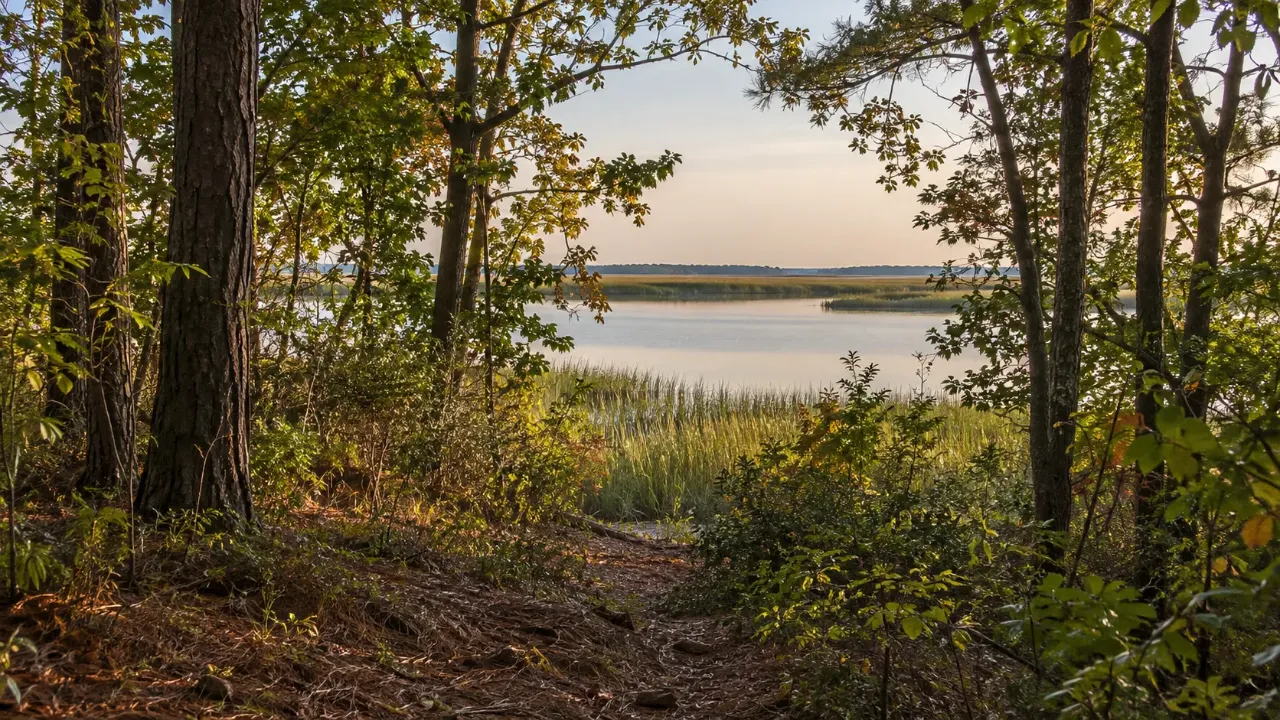 Footpath through pines and hardwoods to a view of a tidal marsh and open water, with trees and shrubs left along the shore